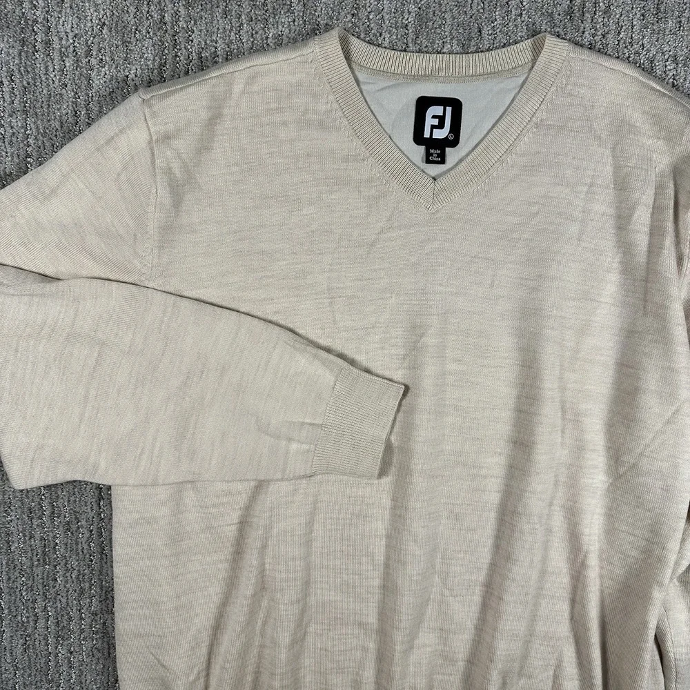 Footjoy 100% Wool Sweater Mens Large Beige Tight Knit Jumper Pullover Golf